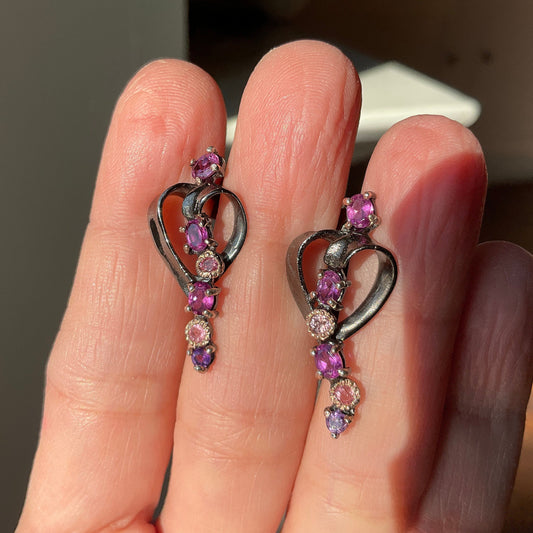 Handmade Sterling Silver Rhodolite Heart art Stud earrings