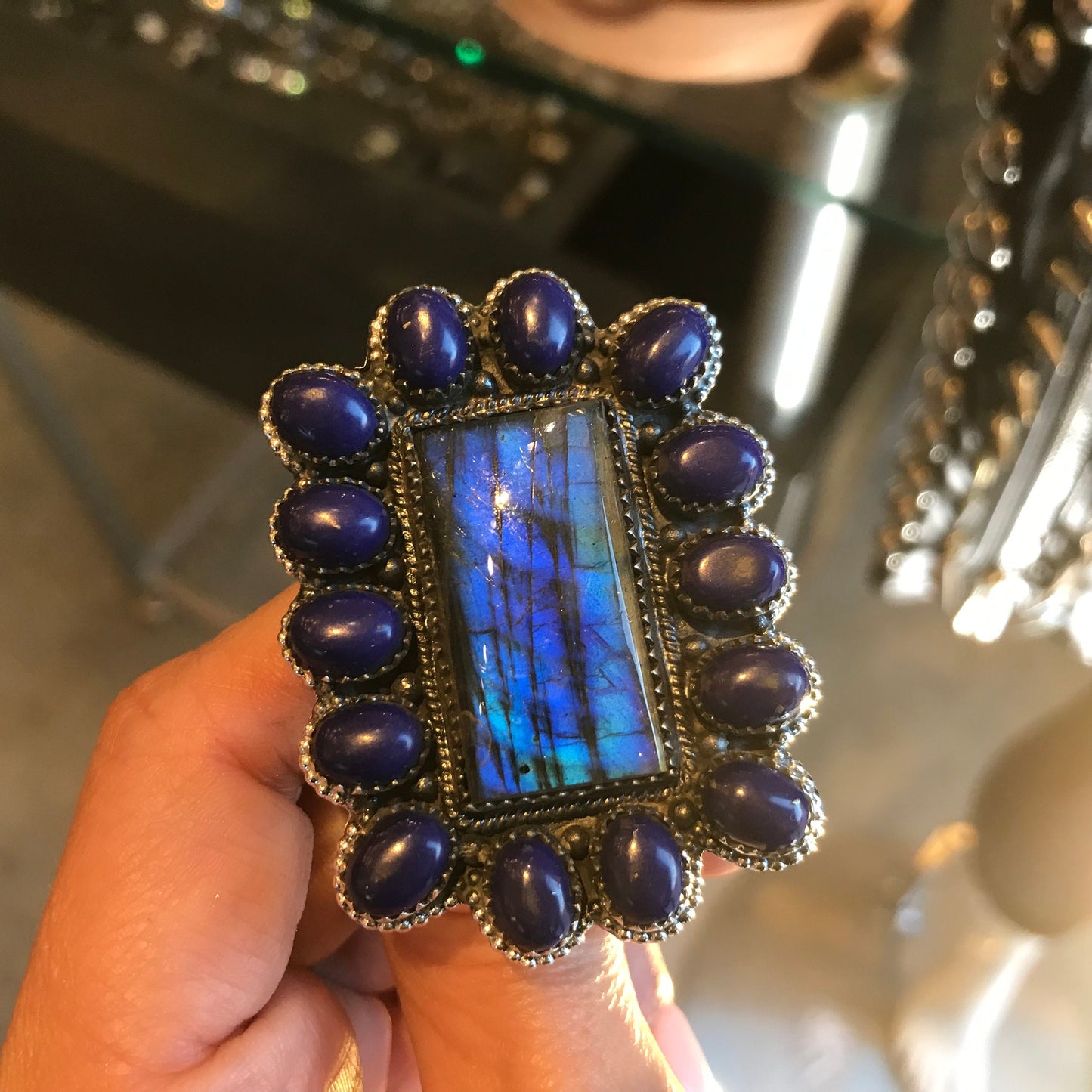 Sterling Silver labradorite lapis lazuli  huge adjustable Ring