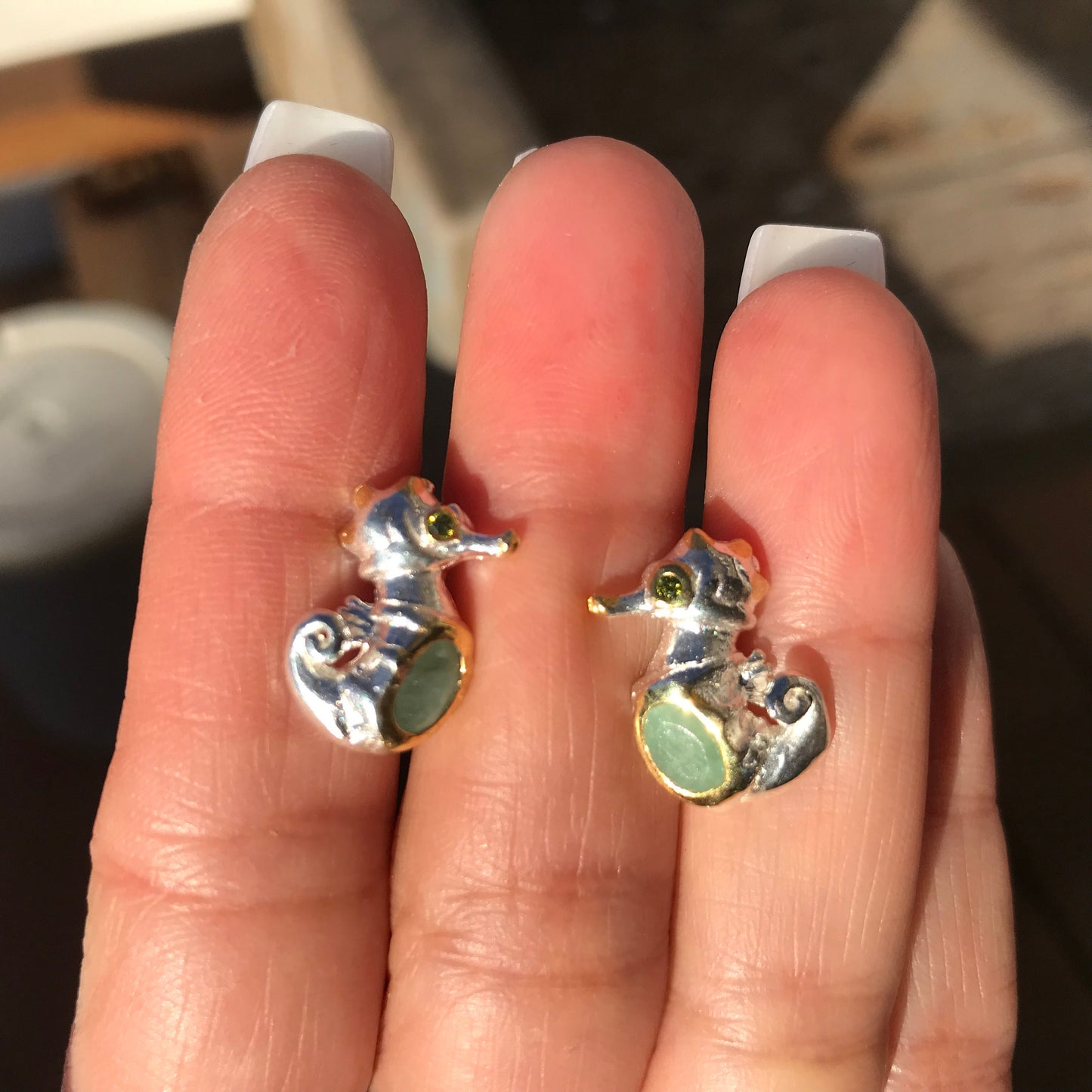 Sterling Silver natural emerald  Seahorse stud Earrings