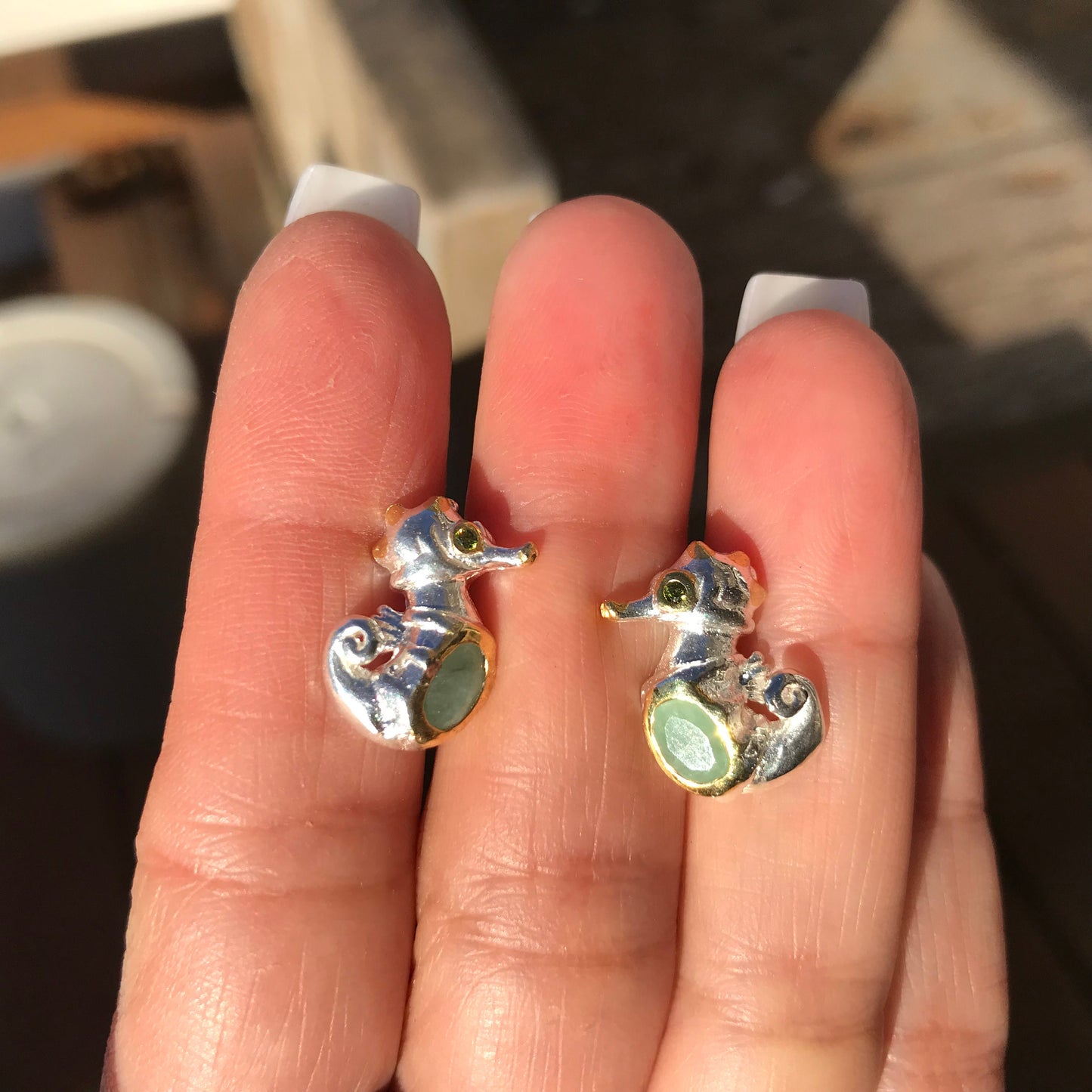 Sterling Silver natural emerald  Seahorse stud Earrings
