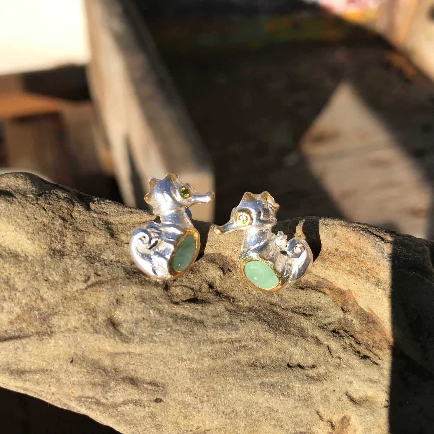 Sterling Silver natural emerald  Seahorse stud Earrings