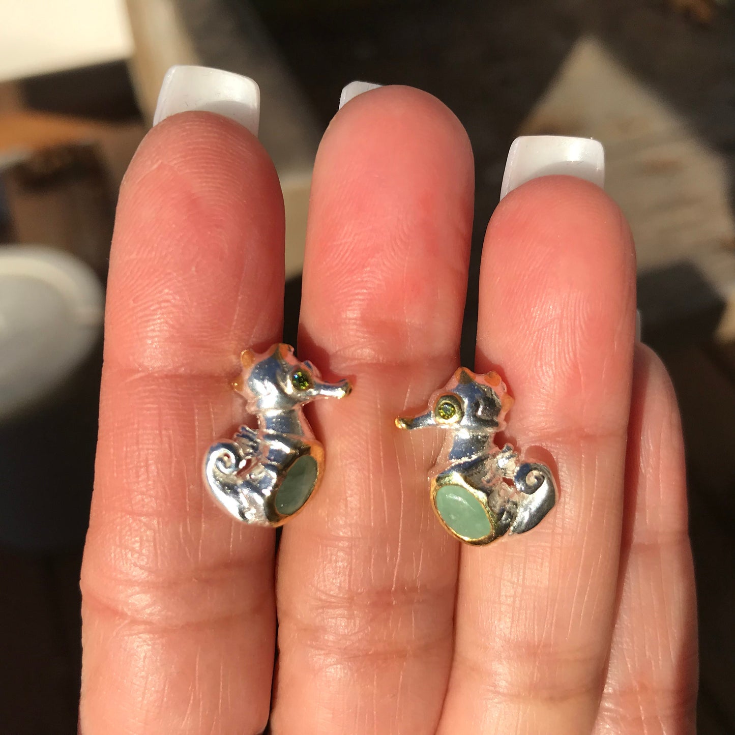 Sterling Silver natural emerald  Seahorse stud Earrings