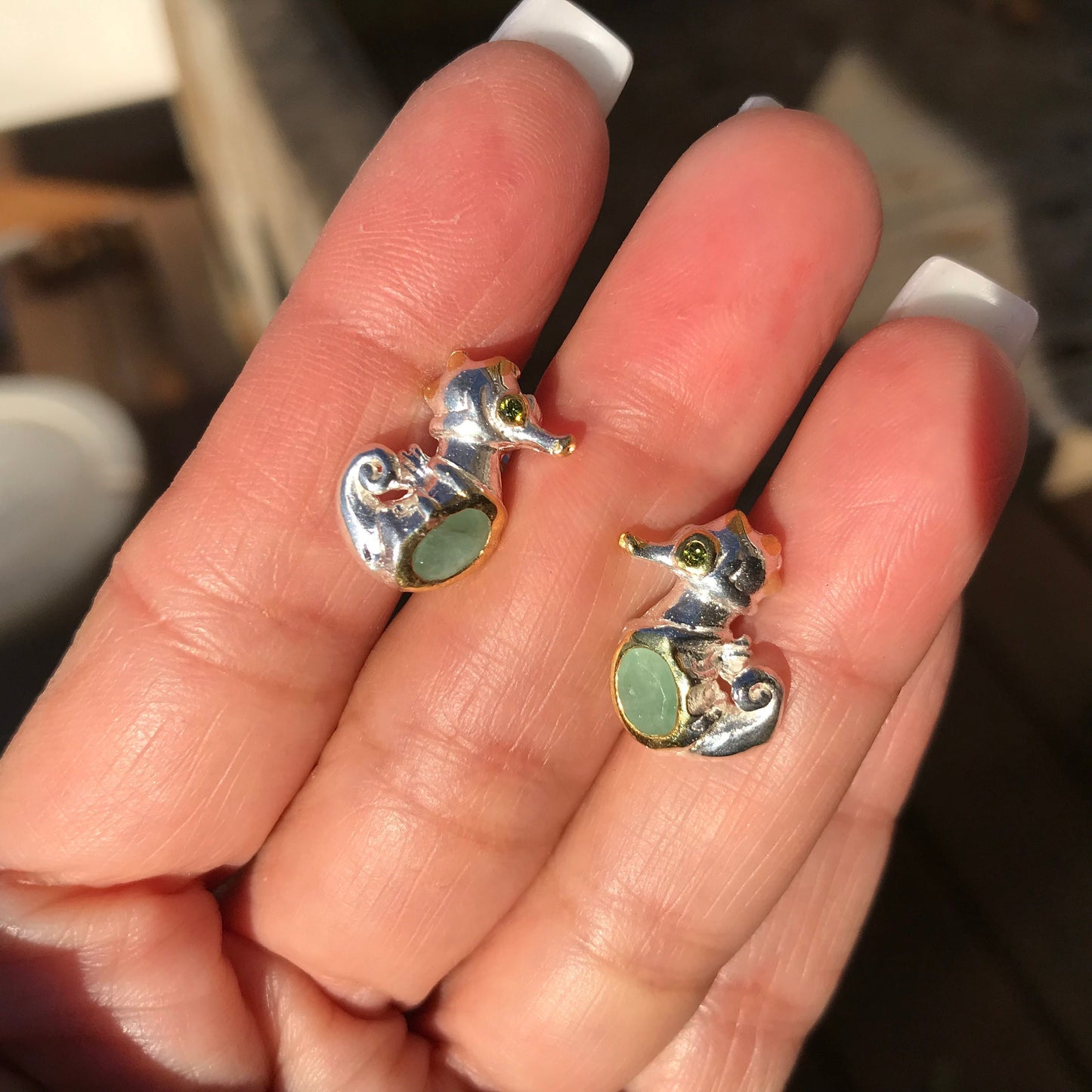 Sterling Silver natural emerald  Seahorse stud Earrings