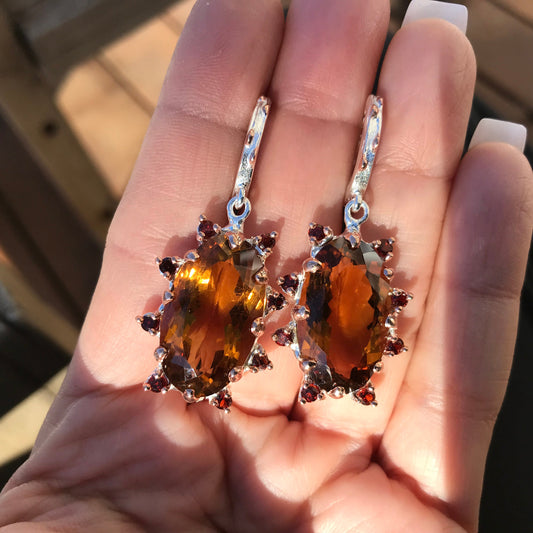 Sterling silver natural cognac garnet statement earrings