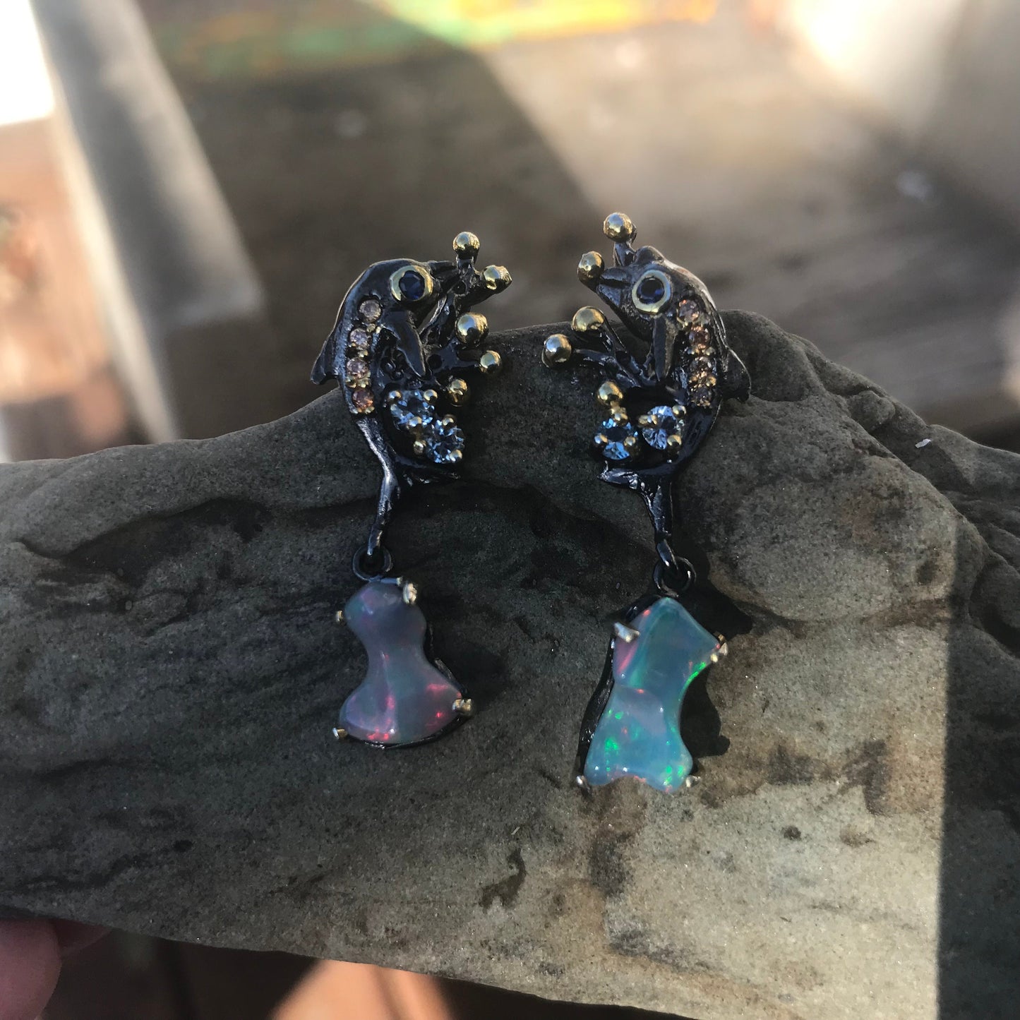 Sterling Silver rainbow opal topaz dolphin earrings