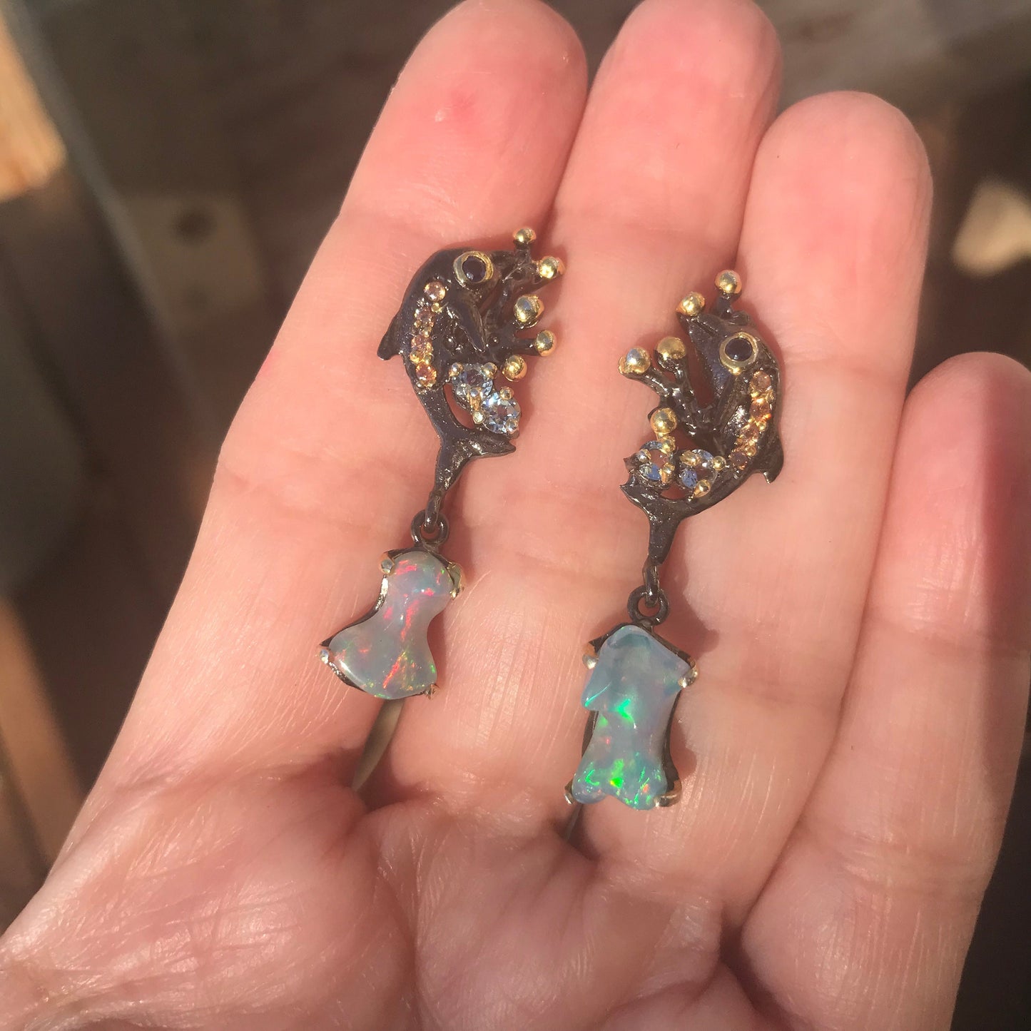 Sterling Silver rainbow opal topaz dolphin dangle earrings