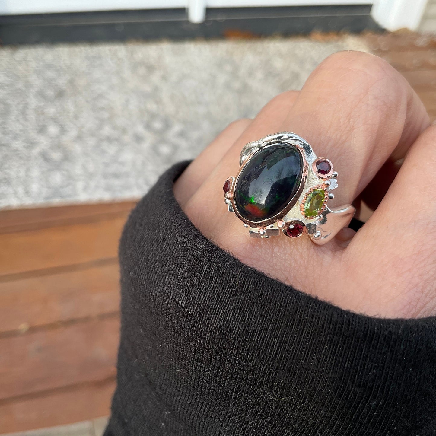 sterling silver Natural black  mesmerizing  Fire Opal rhodolite   ring 9