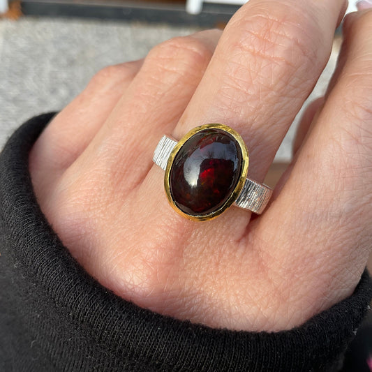 sterling silver Natural black red mesmerizing  Fire Opal solitaire  ring 9