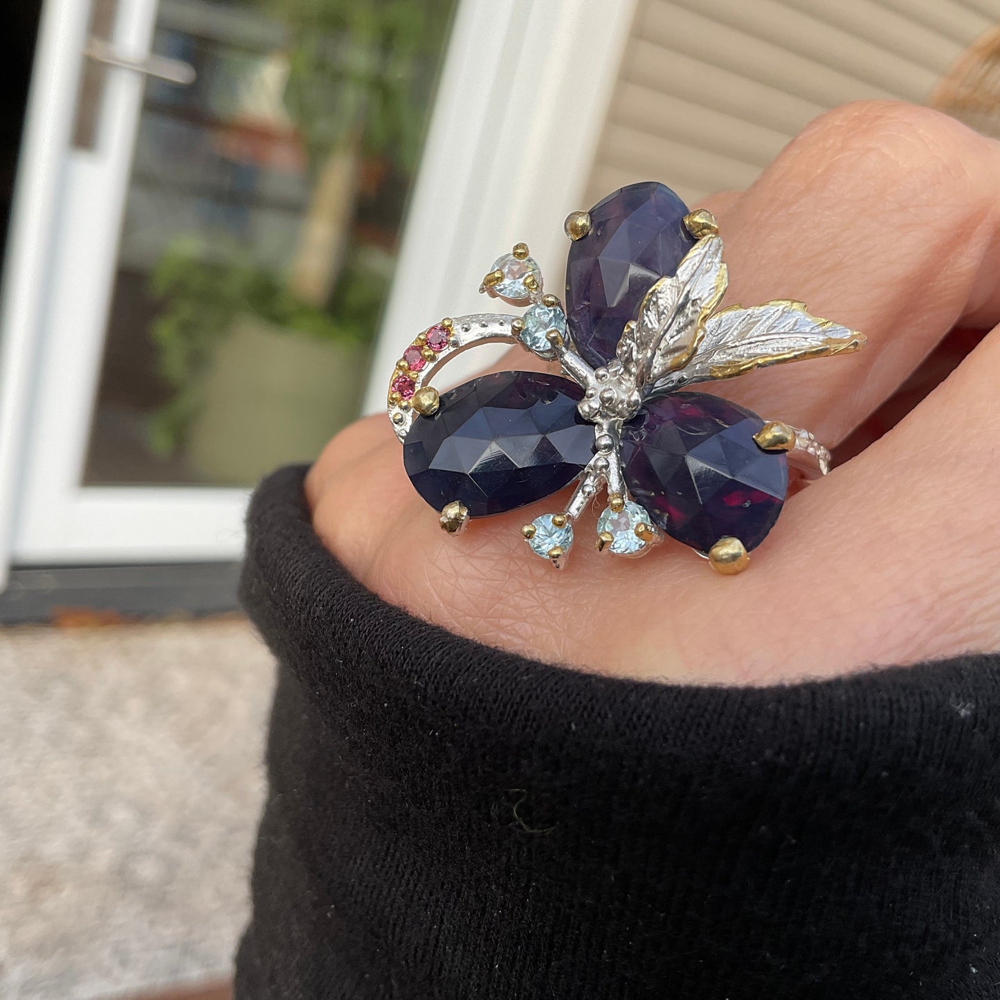 sterling silver Natural black blue Fire Opal topaz floral statement ring 9