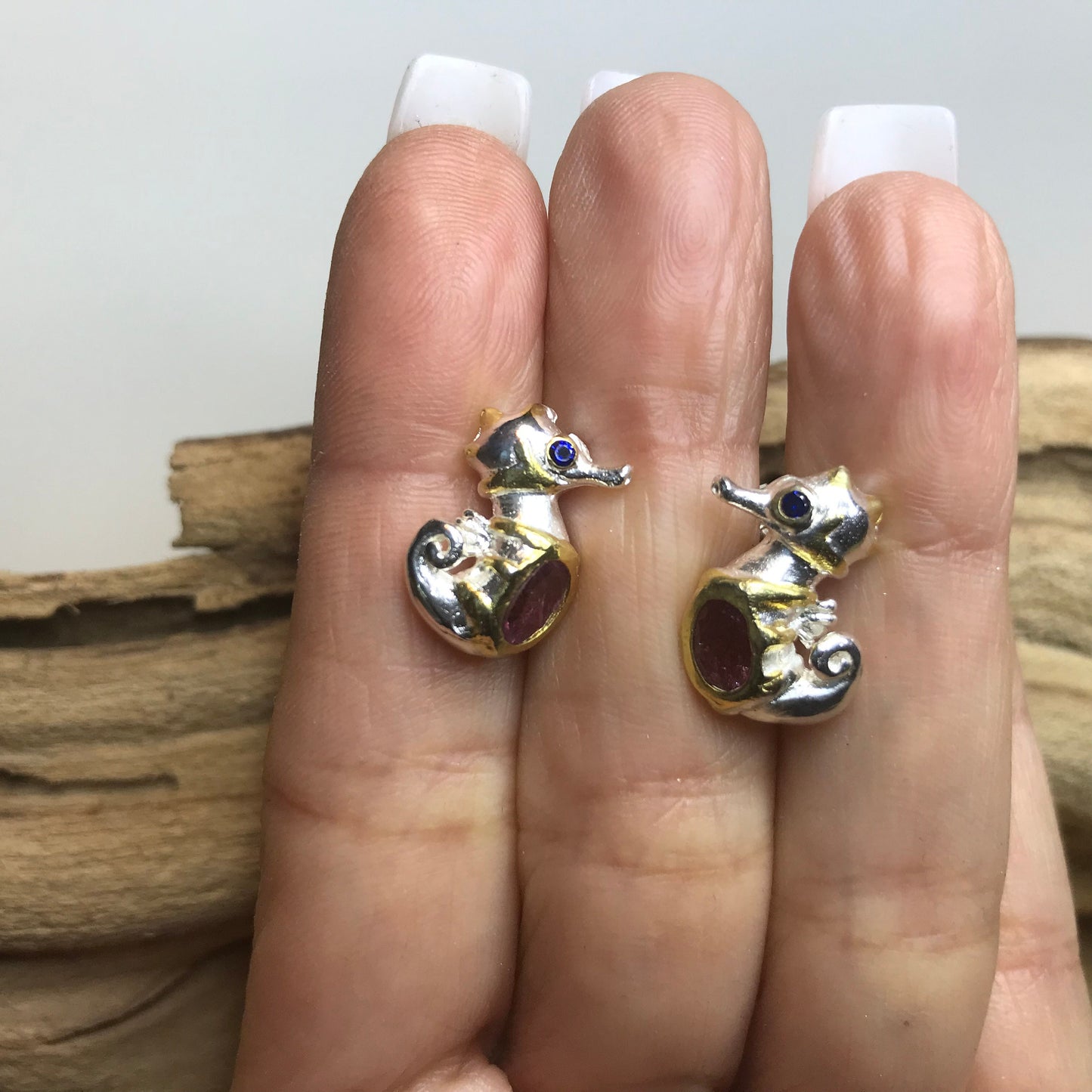 Sterling Silver natural pink tourmaline  Seahorse stud Earrings