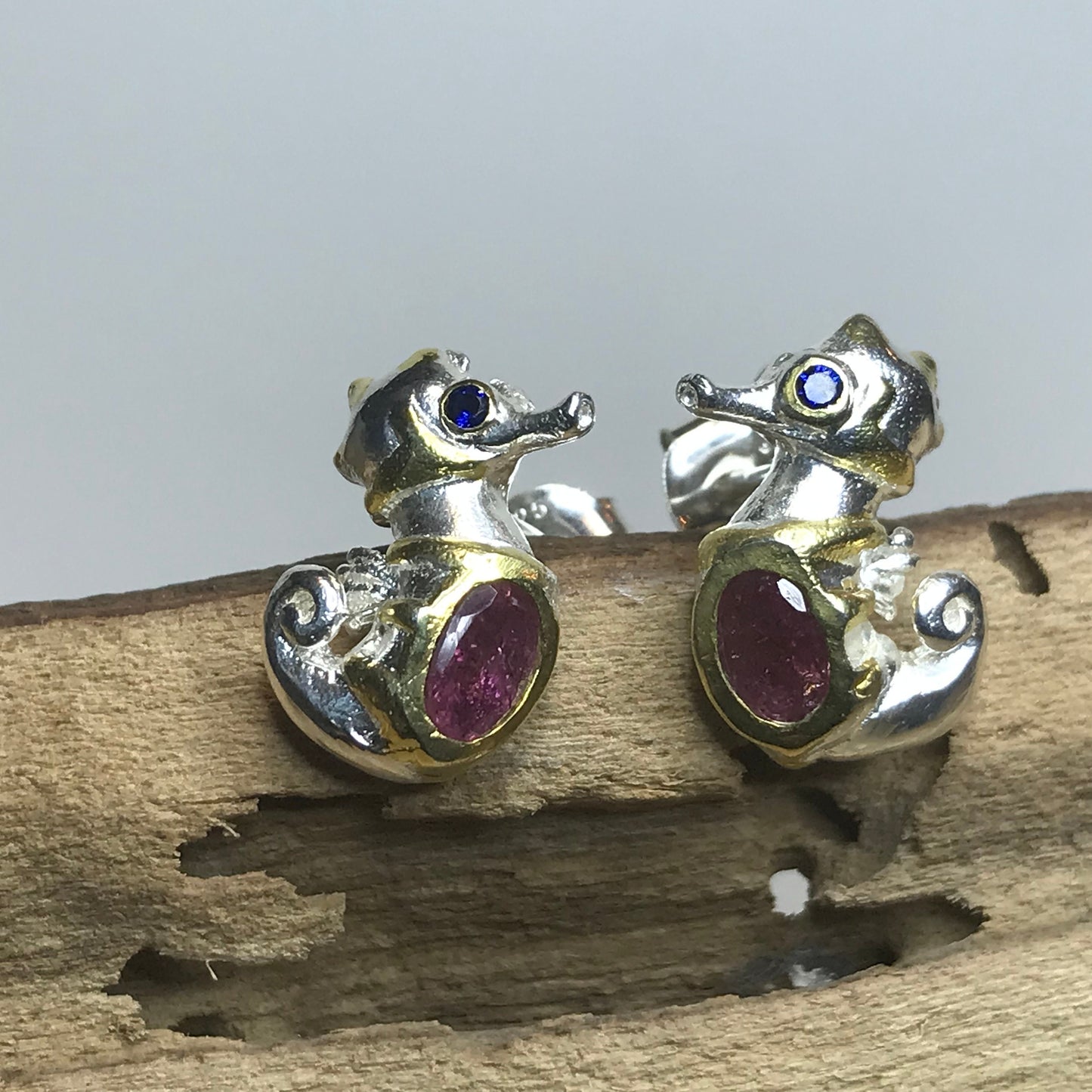 Sterling Silver natural pink tourmaline  Seahorse stud Earrings