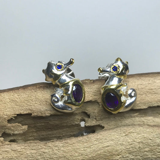 Sterling Silver natural amethyst Seahorse stud Earrings