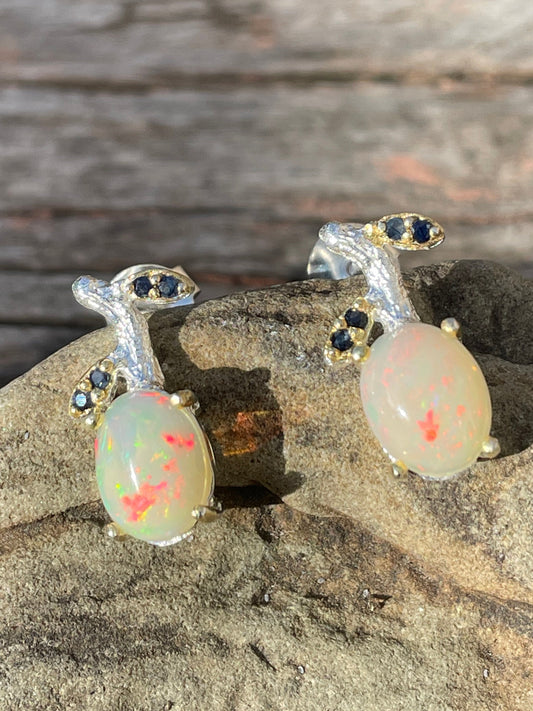 Sterling Silver Natural Fire opal sapphire stud earrings