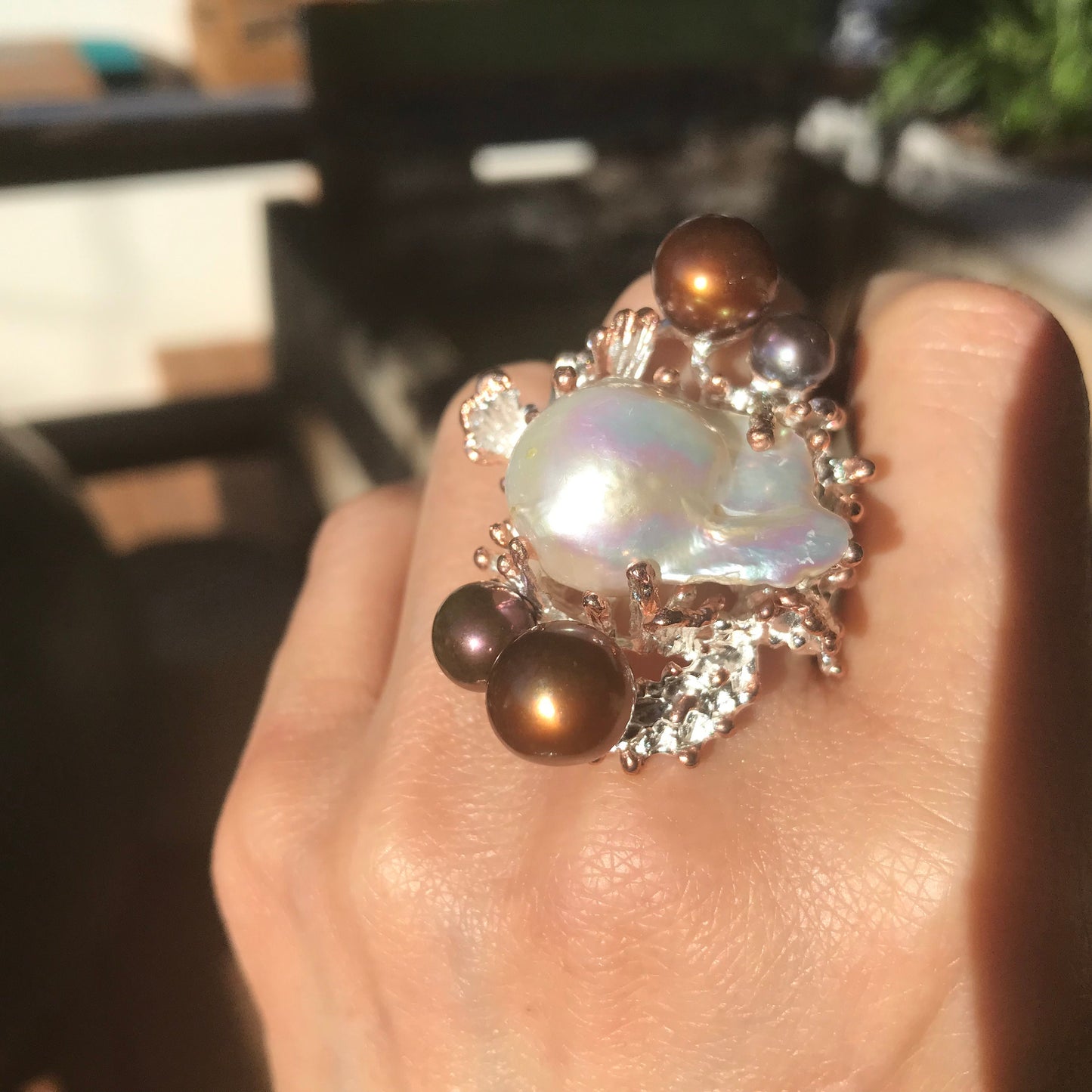 Sterling Silver white natural baroque pearl huge statement Ring 9.5
