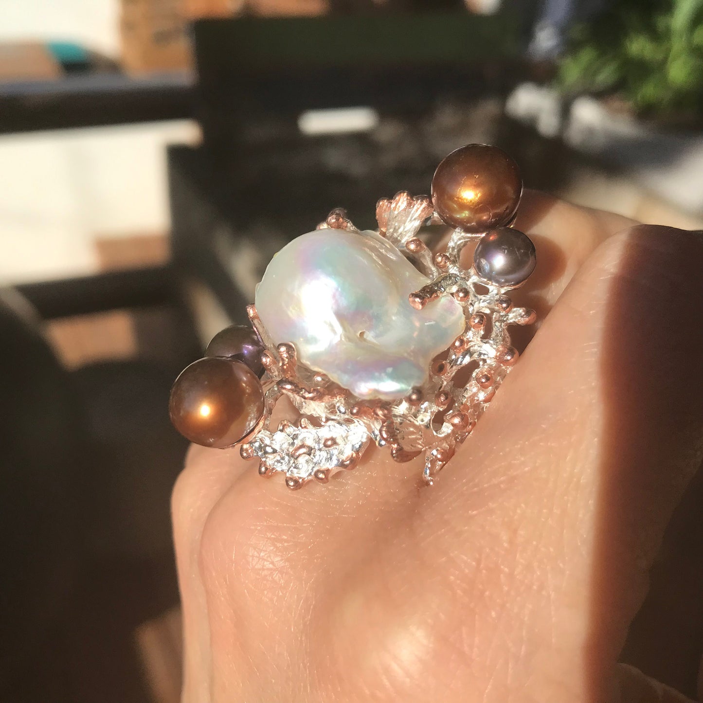 Sterling Silver white natural baroque pearl huge statement Ring 9.5