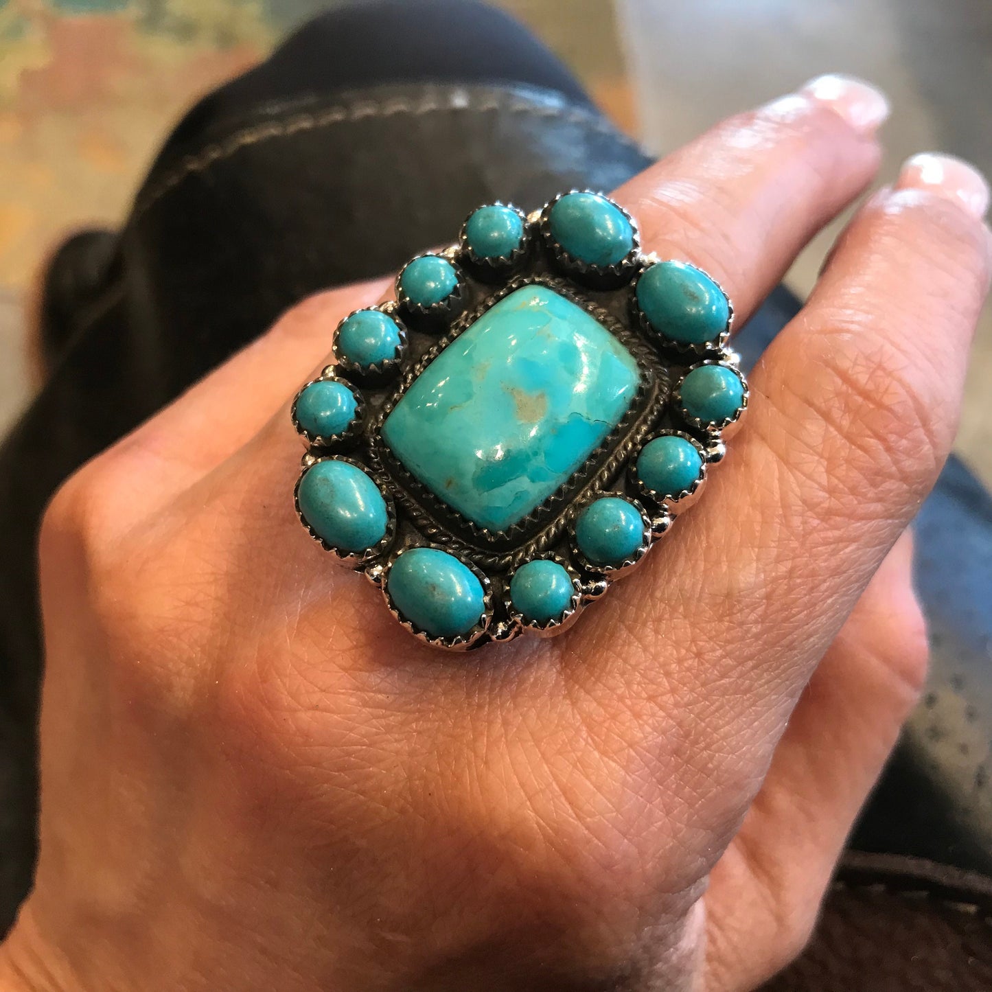 Sterling Statement turquoise large adjustable Cluster ring