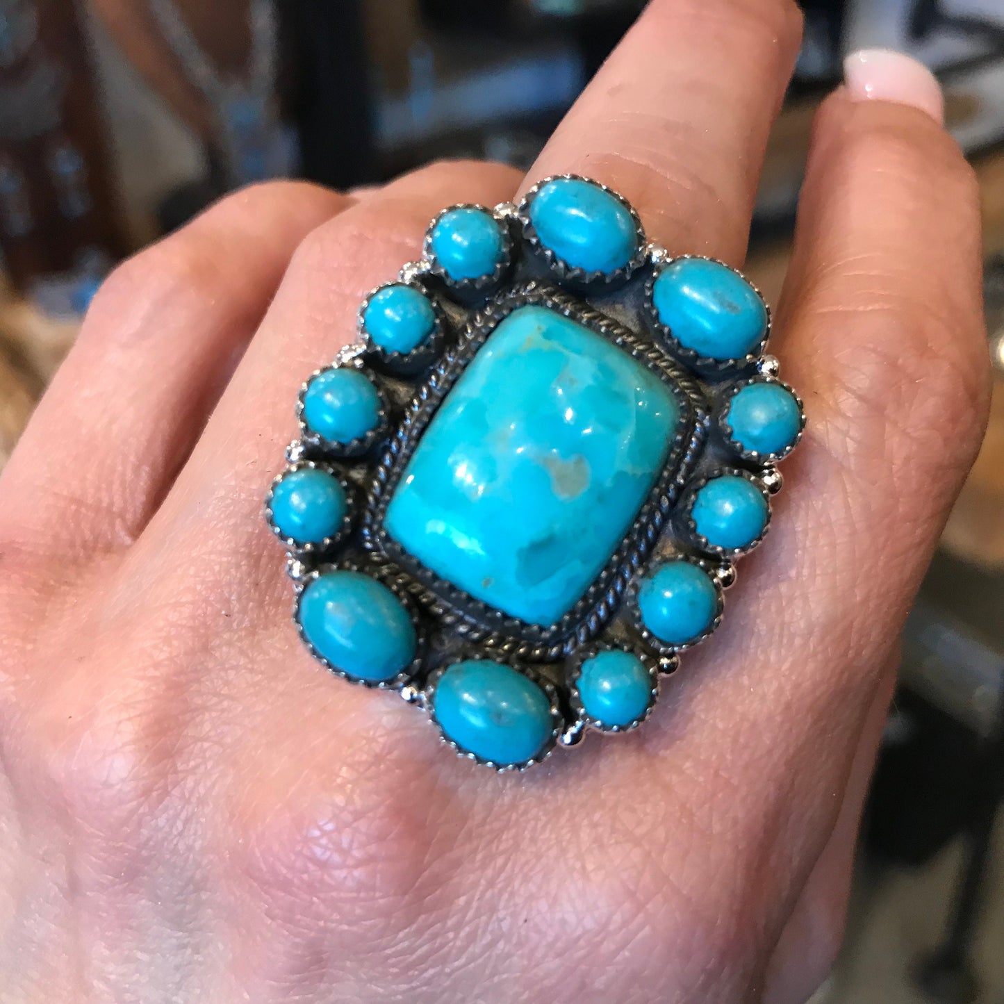 Sterling Statement turquoise large adjustable Cluster ring