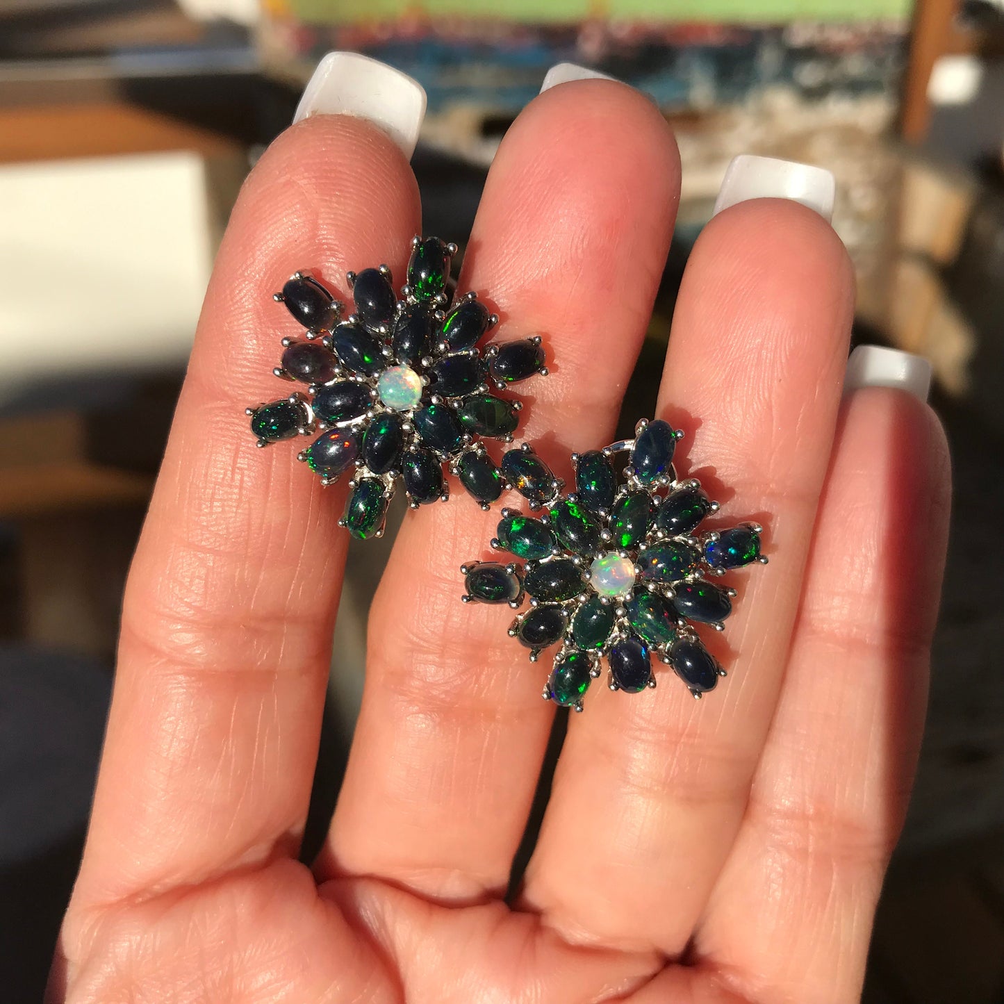sterling silver Rainbow black Natural opals Heirloom studs Artisan earrings