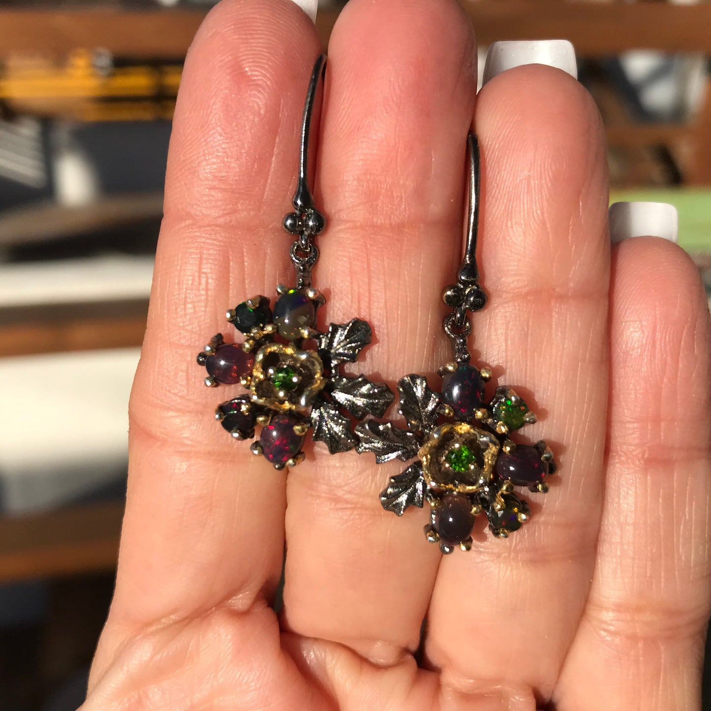 Sterling Silver Rainbow Natural black Opal dangle earrings