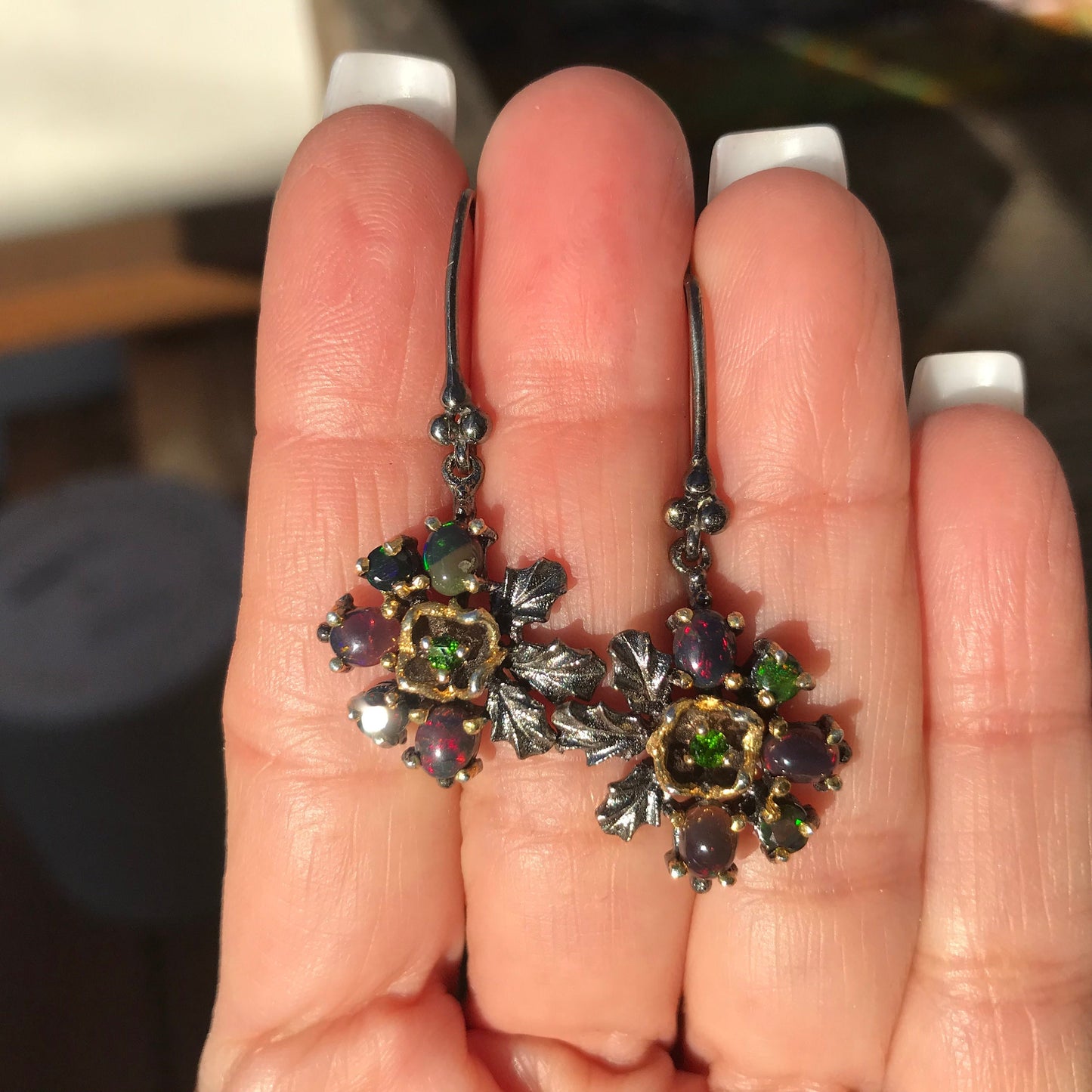 Sterling Silver Rainbow Natural black Opal dangle earrings
