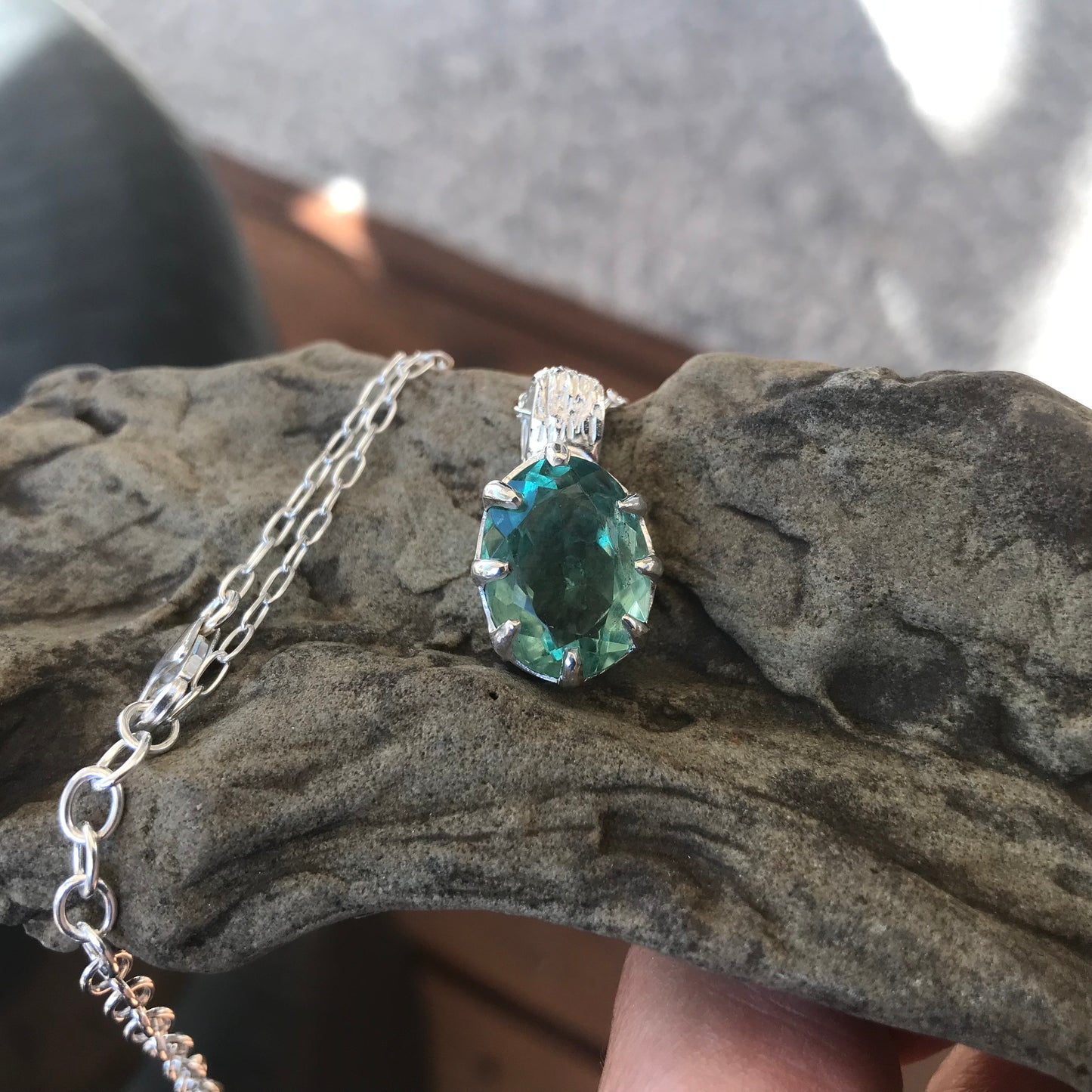 Natural fluorite Sterling Silver pendant with Necklace