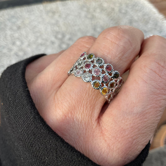 Handmade Sterling Silver Multi Color tourmaline  Band ring 8
