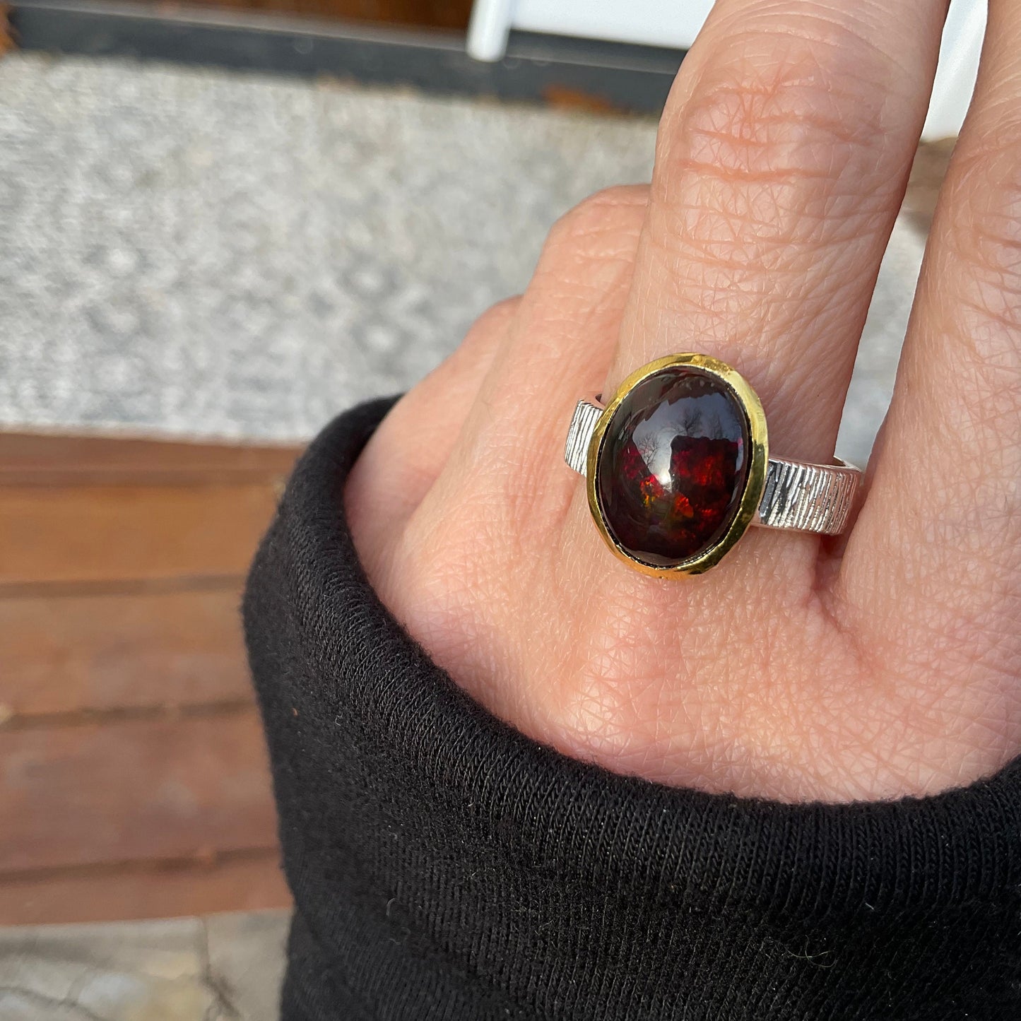 sterling silver Natural black red mesmerizing  Fire Opal solitaire  ring 9