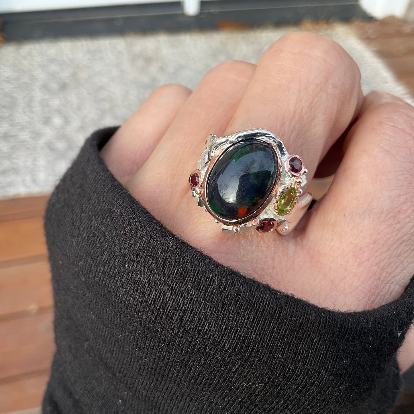 sterling silver Natural black  mesmerizing  Fire Opal rhodolite   ring 9
