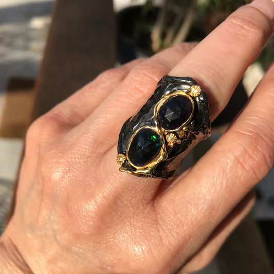 Sterling Silver  opal modernist emerald Etnika band ring 8