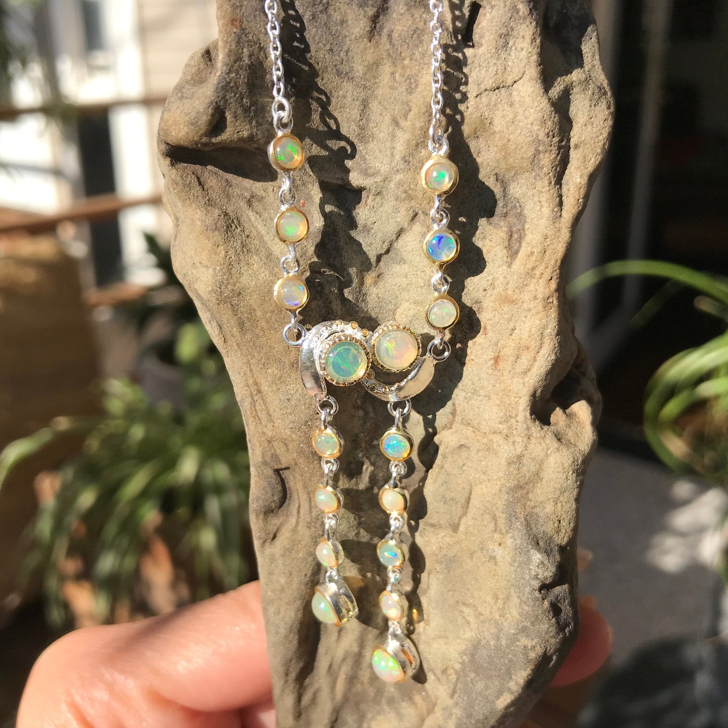 Natural Rainbow fire opal  20” Sterling Silver Necklace