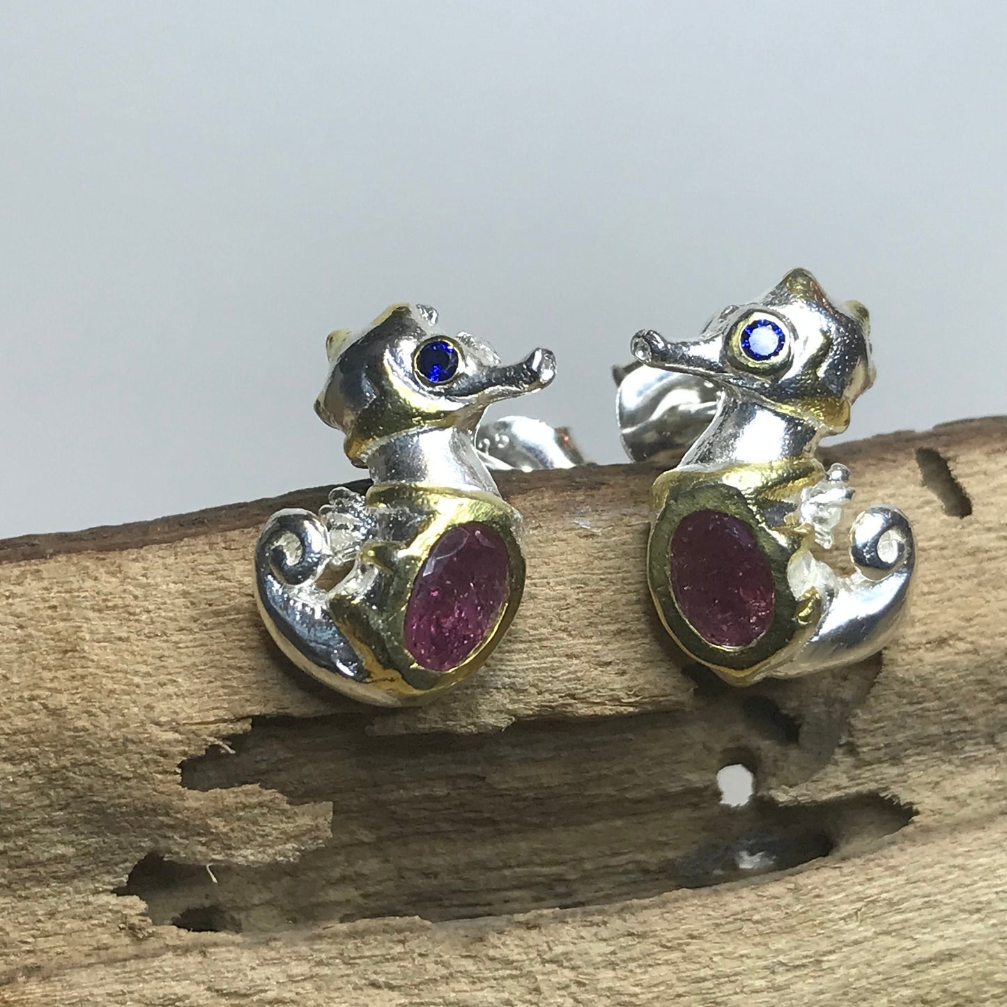 Sterling Silver natural pink tourmaline  Seahorse stud Earrings