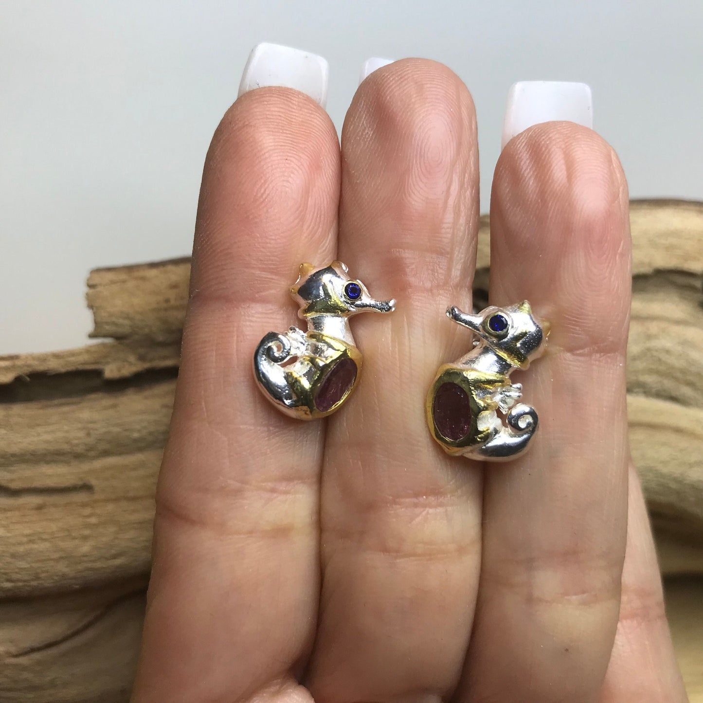 Sterling Silver natural pink tourmaline  Seahorse stud Earrings