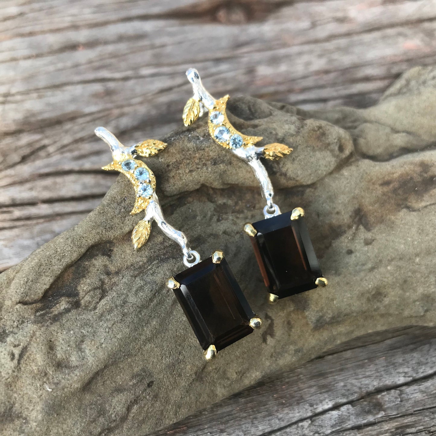 Sterling silver Smokey quartz star topaz natural dangle earrings