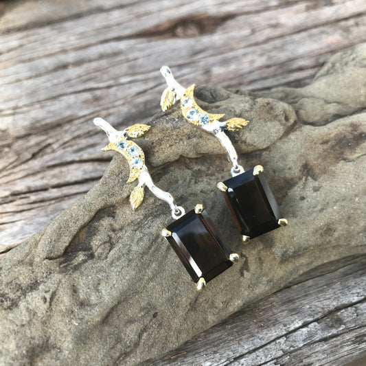Sterling silver Smokey quartz star topaz natural dangle earrings