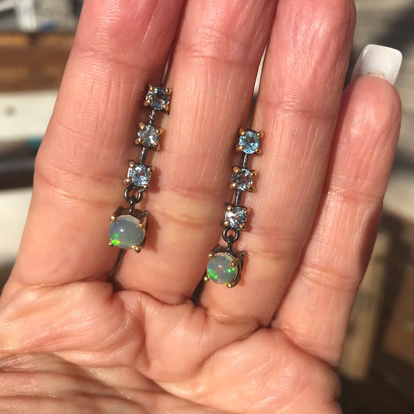 Sterling Silver Rainbow Opal Blue Topaz dangle Earrings