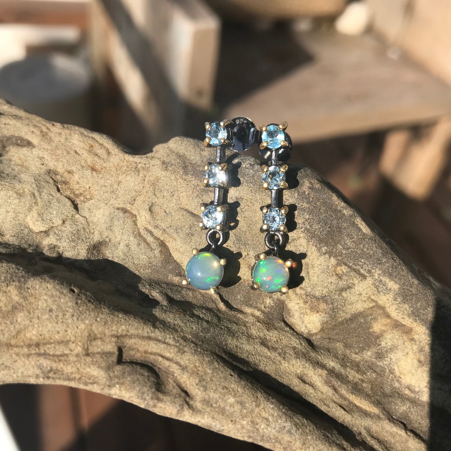 Sterling Silver Rainbow Opal Blue Topaz dangle Earrings