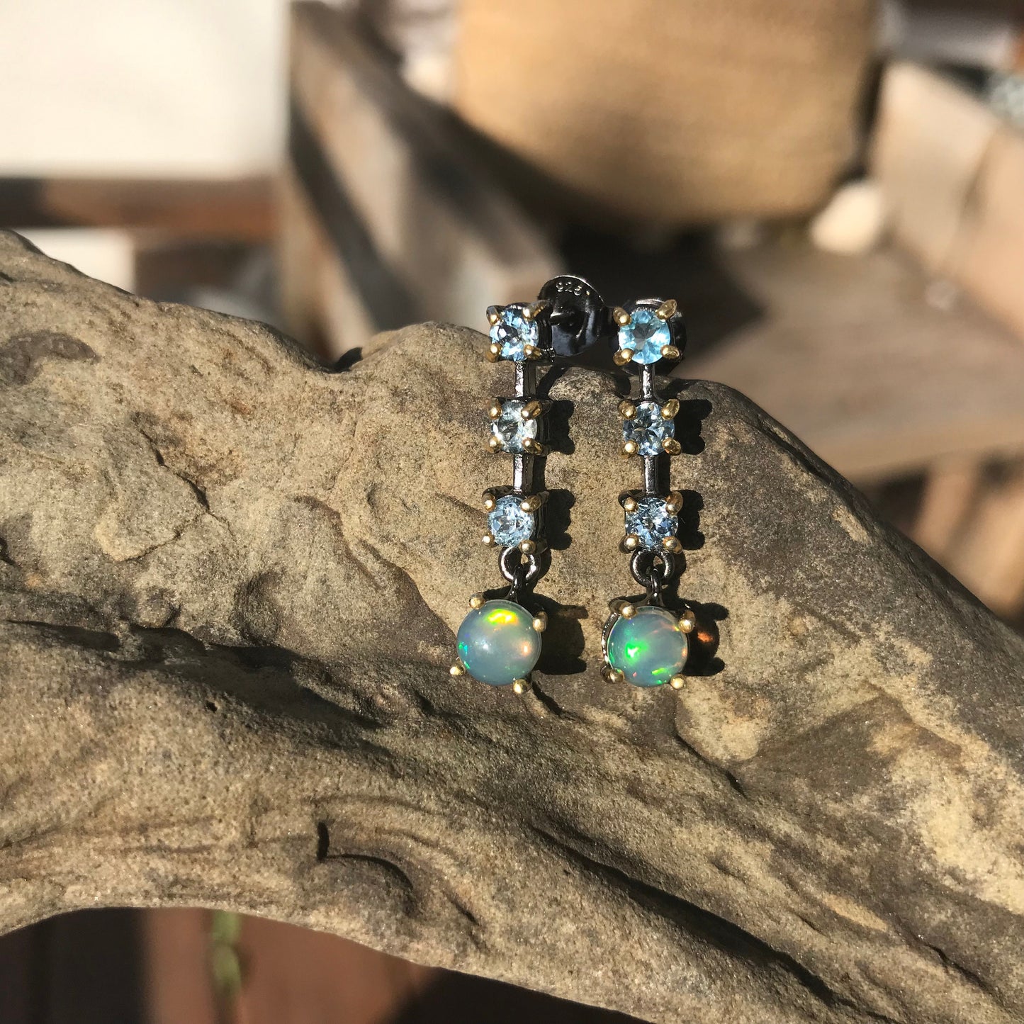Sterling Silver Rainbow Opal Blue Topaz dangle Earrings