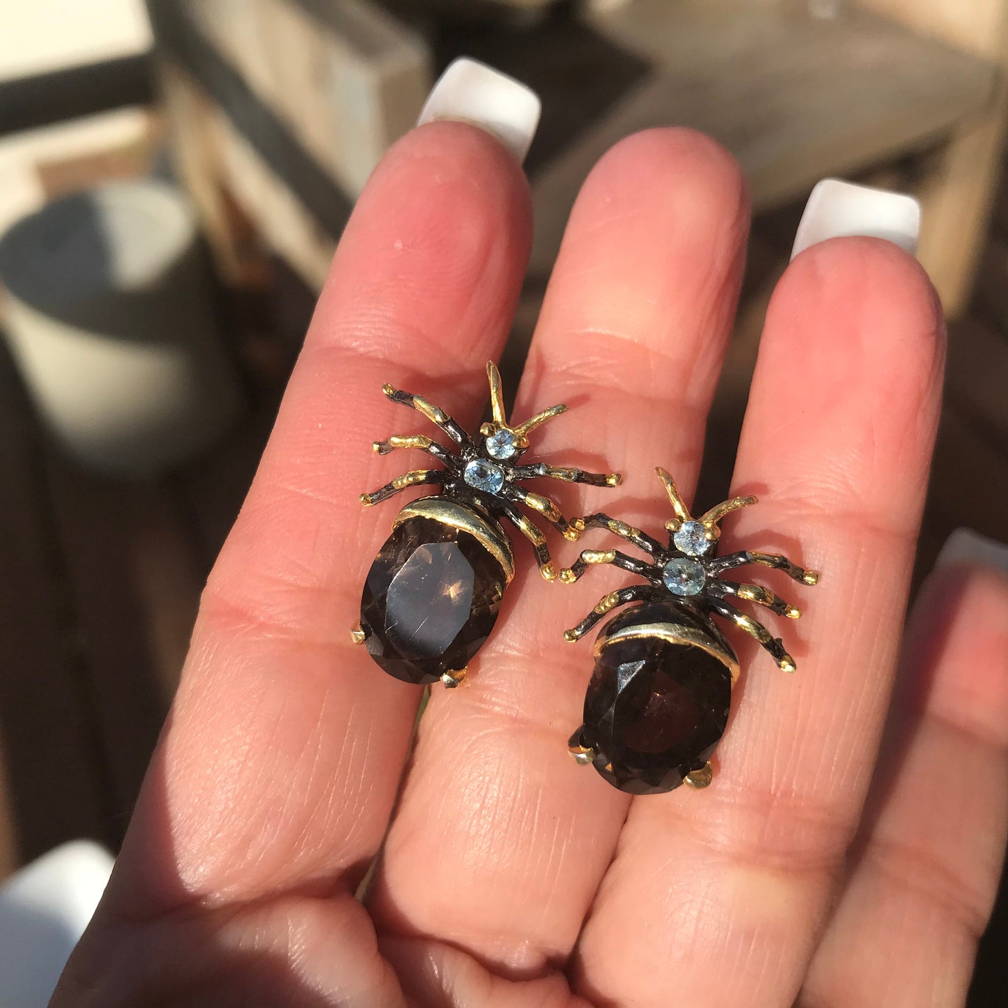 Sterling Silver Smokey quartz ant insect  stud Earrings