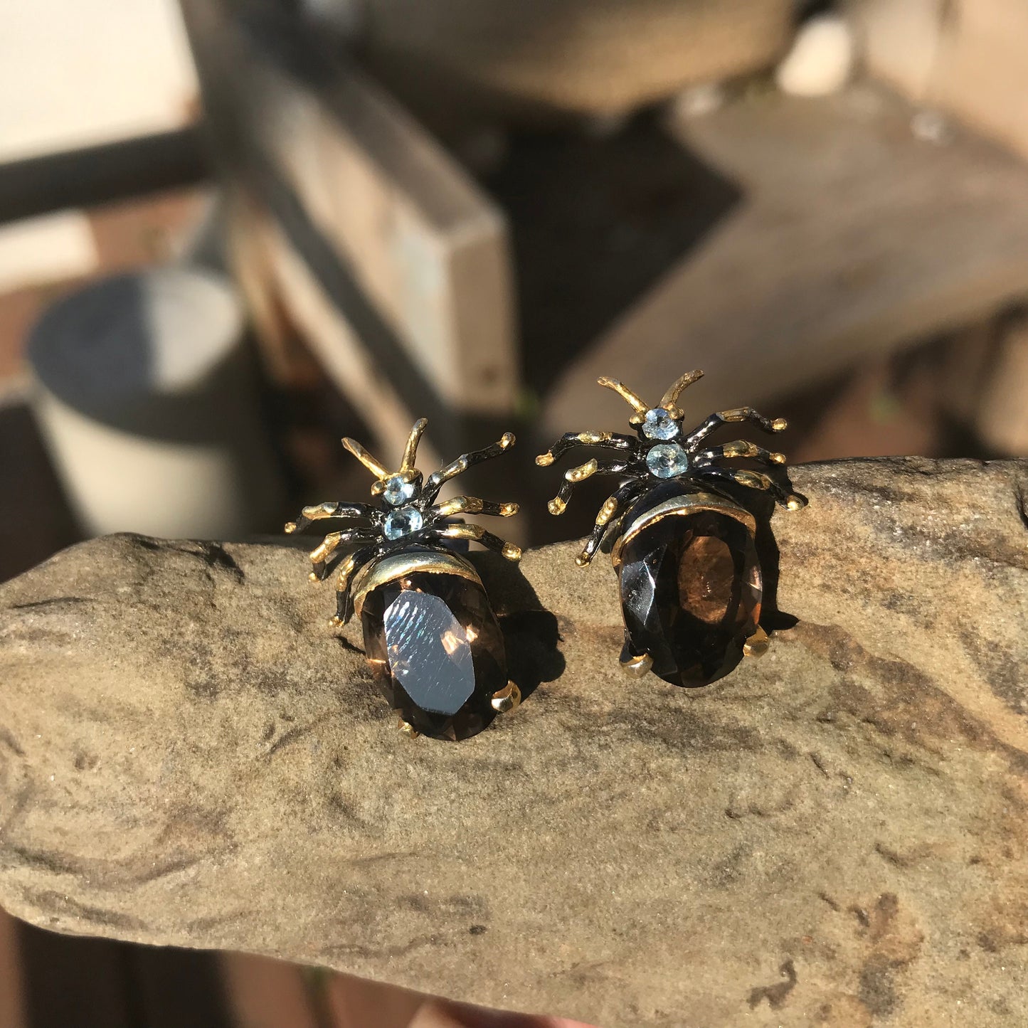 Sterling Silver Smokey quartz ant insect  stud Earrings