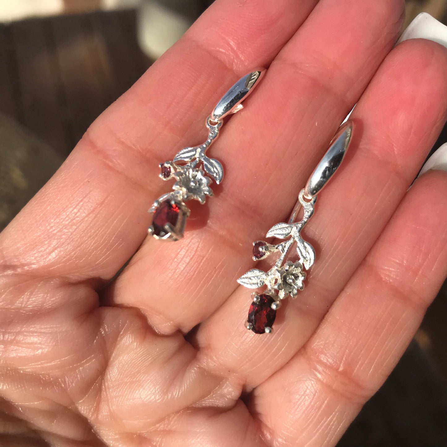 Handmade Sterling Silver Red garnet Natural art dangle earrings