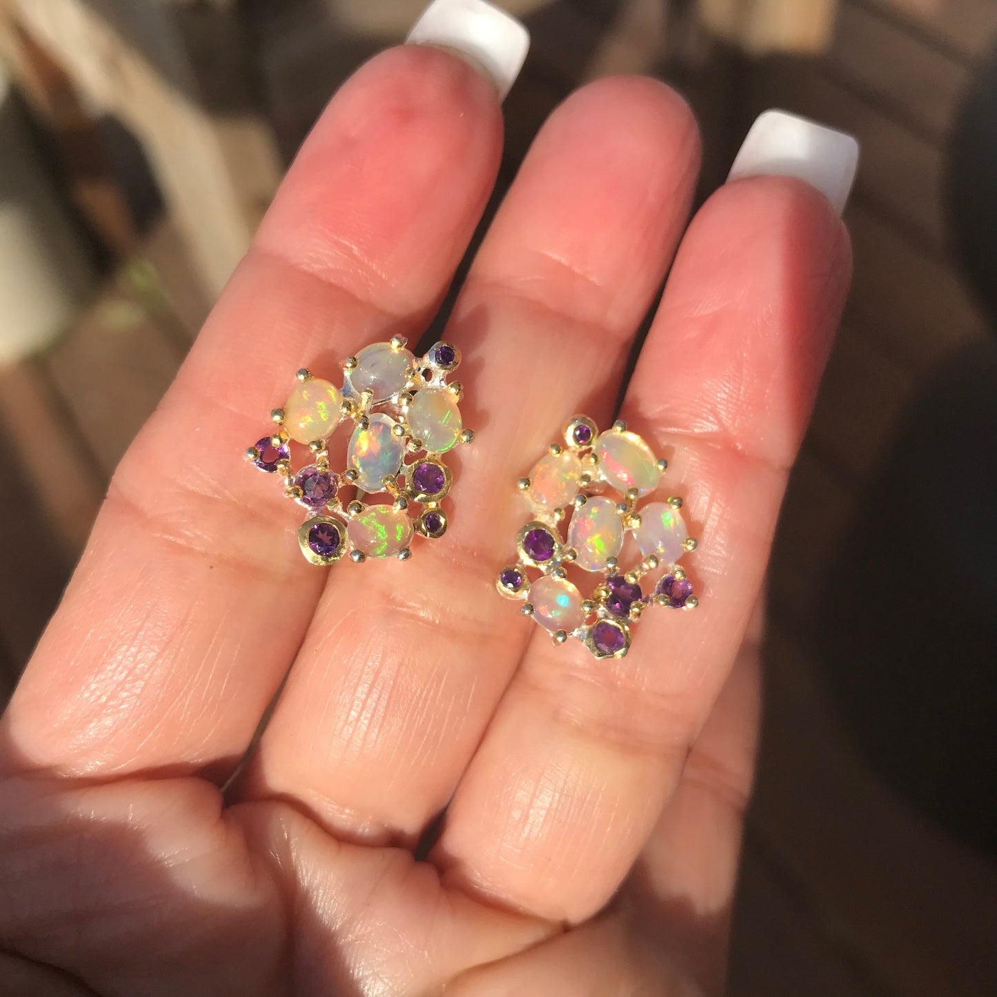sterling silver natural Rainbow Natural Opal Amethyst pierce stud earrings