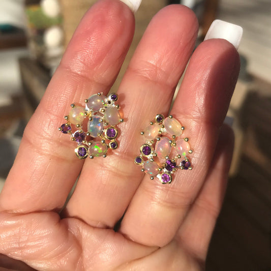 sterling silver natural Rainbow Natural Opal Amethyst  stud earrings