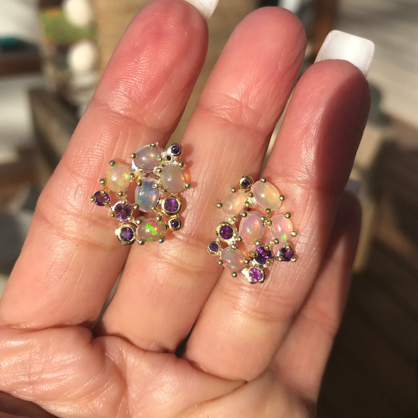 sterling silver natural Rainbow Natural Opal Amethyst pierce stud earrings