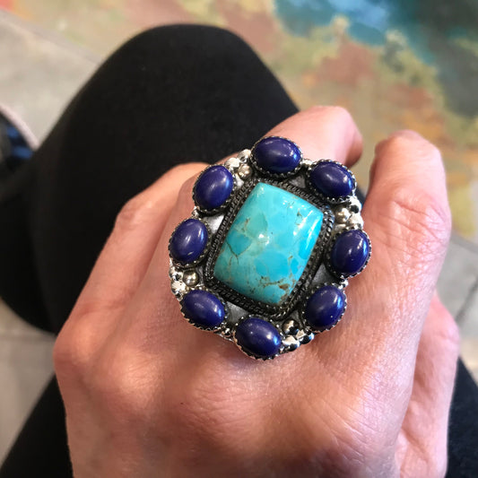 Sterling Silver turquoise  lapis lazuli  huge adjustable Ring