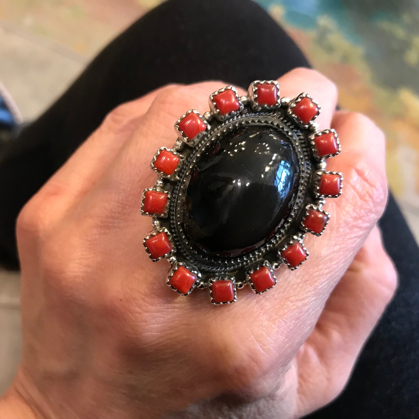 Handmade Sterling Statement  coral obsidian  huge adjustable cuff ring
