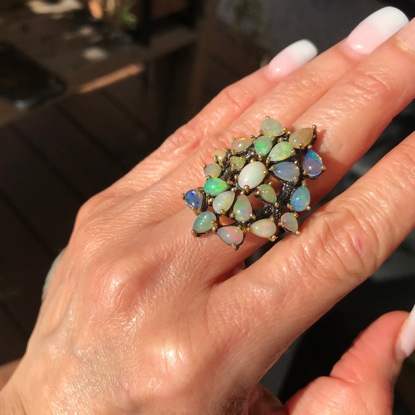 Sterling Silver Fire opal cluster Ring 8 handmade