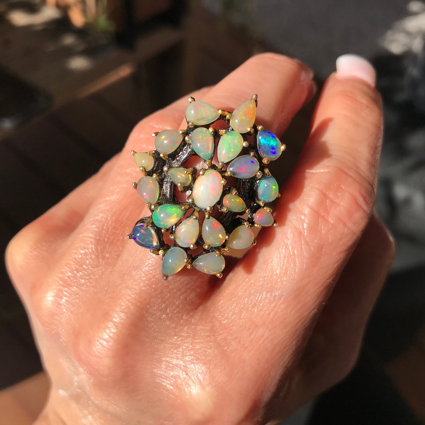 Sterling Silver Fire opal cluster Ring 8 handmade