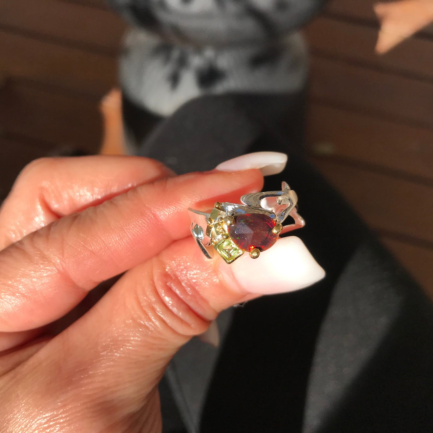 sterling silver Natural black red fire opal  band ring 8