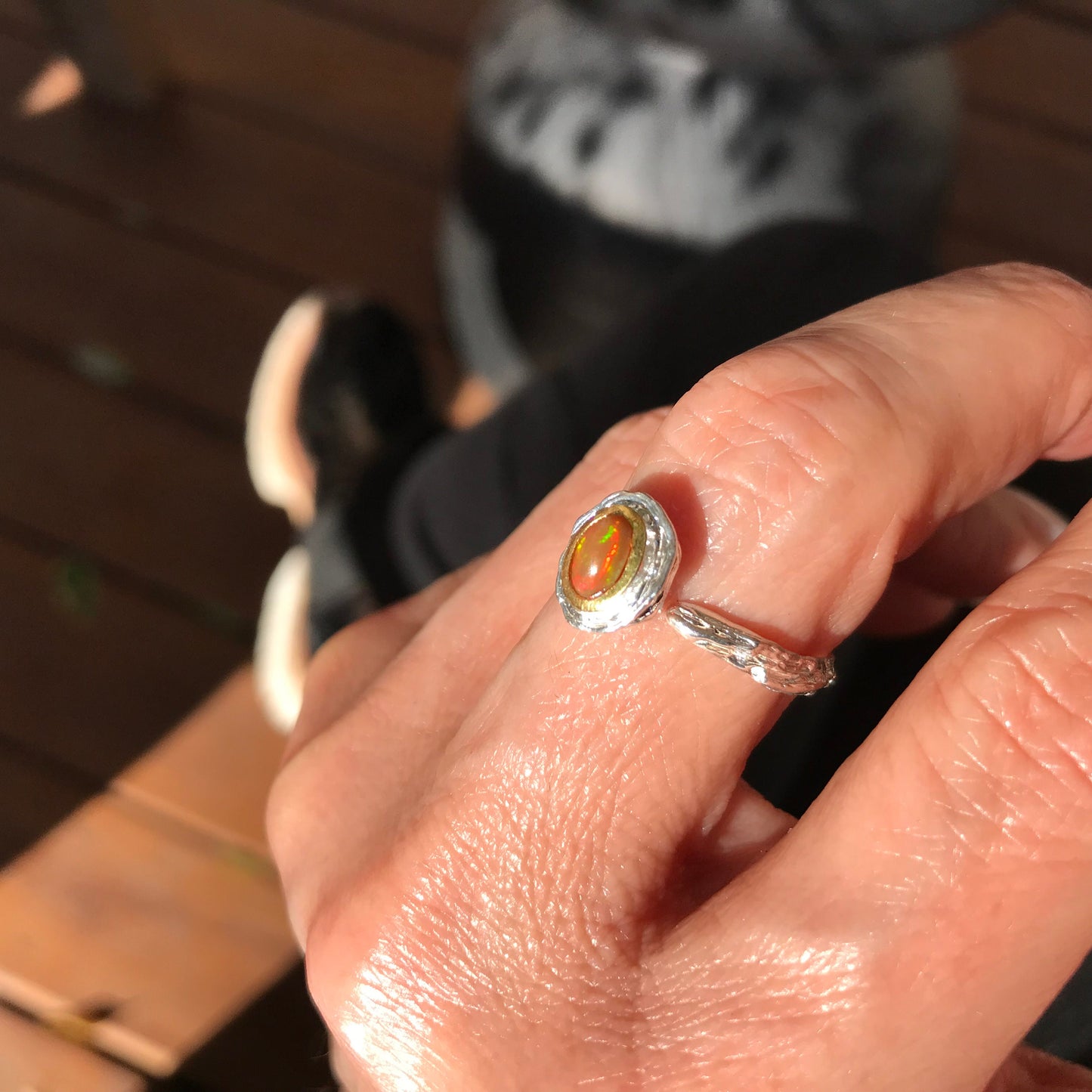 Sterling Silver Handmade orange  Fire Opal Artisan handmade ring adjustable