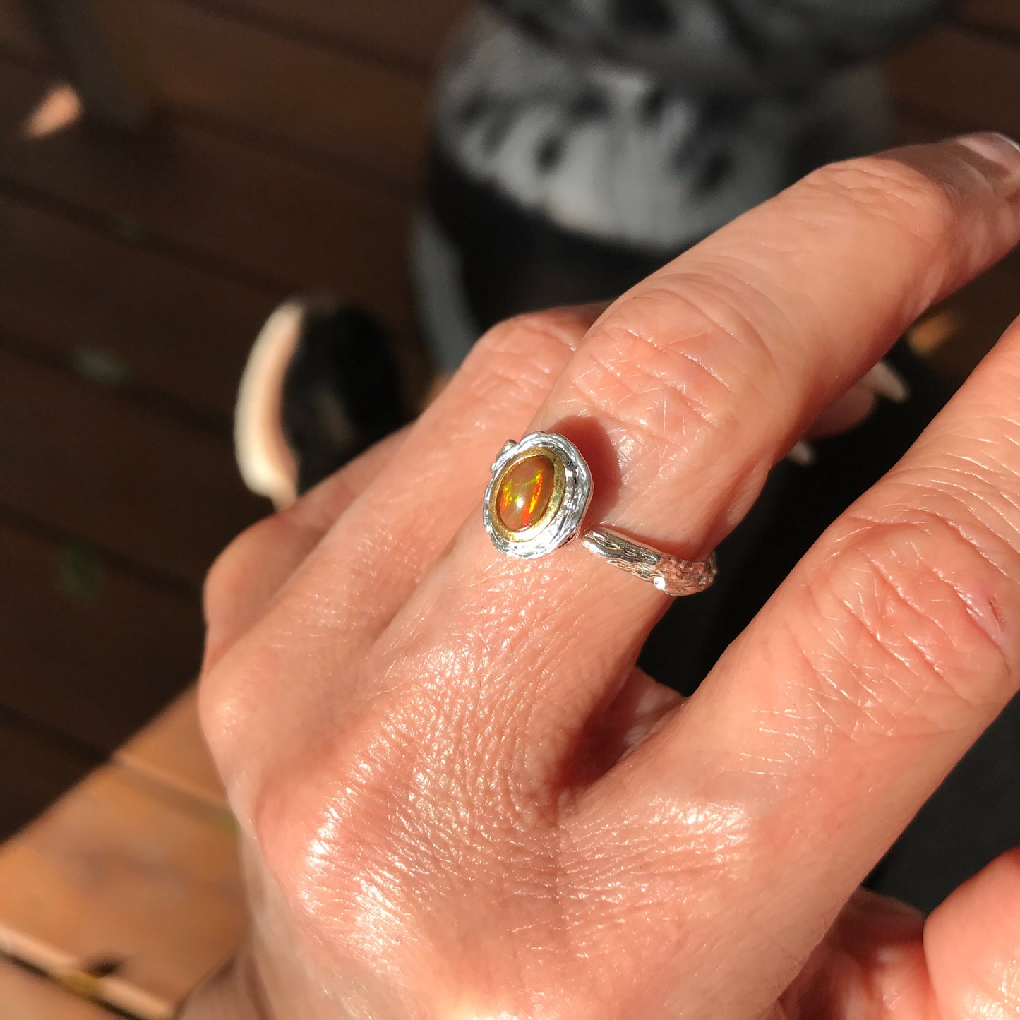 Sterling Silver Handmade orange  Fire Opal Artisan handmade ring adjustable
